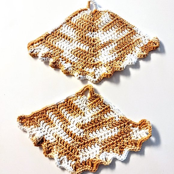 VTG Yarn Crochet Pot Holder Set ~ Round Blue/White, Triangle Gold/White ~  EVC! - Picture 3 of 5